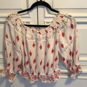 Bohemian Cream Crop Peasant Top with red prints
